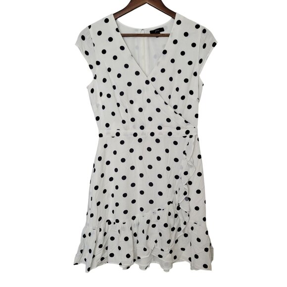 J. Crew Dresses & Skirts - J. Crew Faux Wrap Dress Fawn Polka Dot Ruffle Size 4 White Black Cap Sleeve
